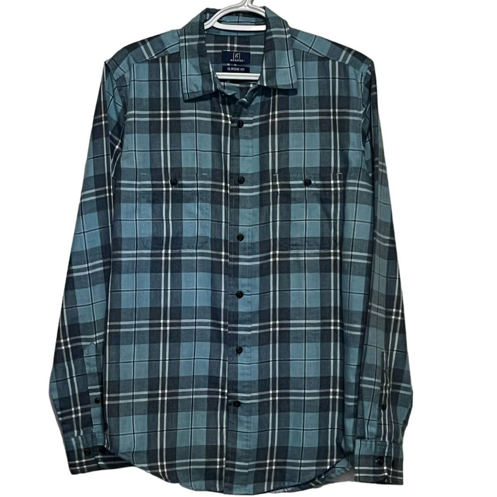 George‎ Men's Classic Fit Green Plaid Button Front Long Sleeve Flannel Size S